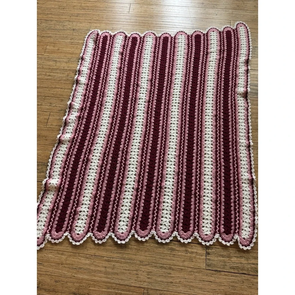 Handmade Red, Pink White Knitted Crocheted Throw Blanket Size 48x64